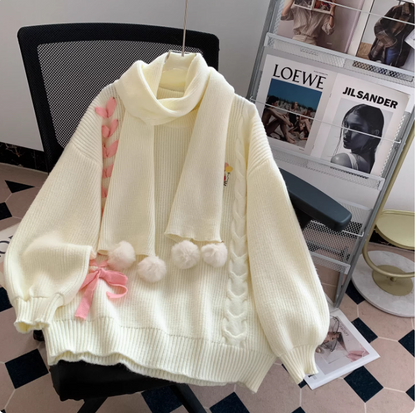 Cute yellow crew neck sweater, Christmas cardigan with scarf EP01446