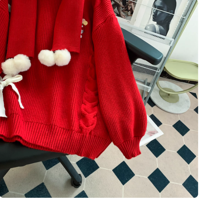 Cute yellow crew neck sweater, Christmas cardigan with scarf EP01446