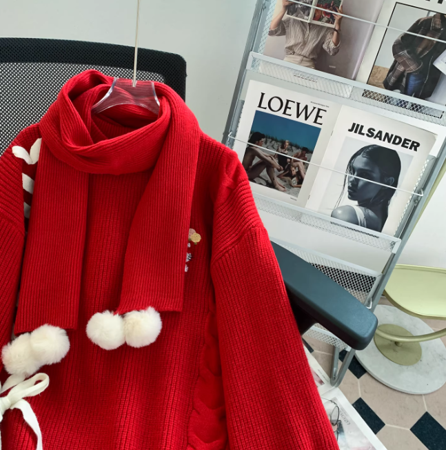 Cute yellow crew neck sweater, Christmas cardigan with scarf EP01446