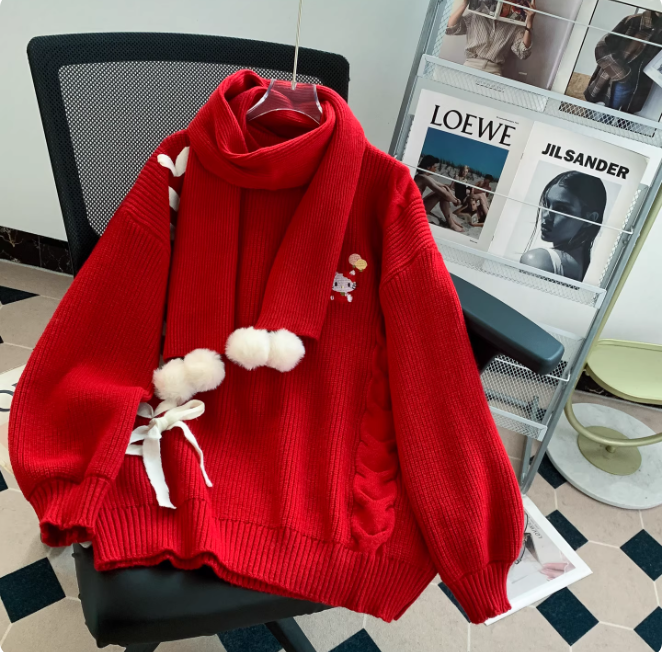 Cute yellow crew neck sweater, Christmas cardigan with scarf EP01446