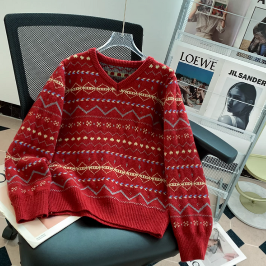 Red Vneck Knit Sweater, Vintage Christmas Sweater EP01448