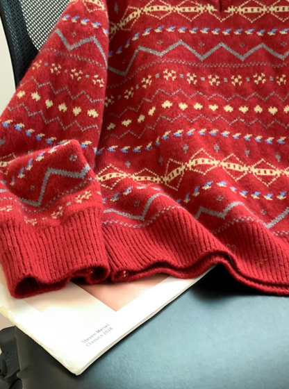 Red Vneck Knit Sweater, Vintage Christmas Sweater EP01448