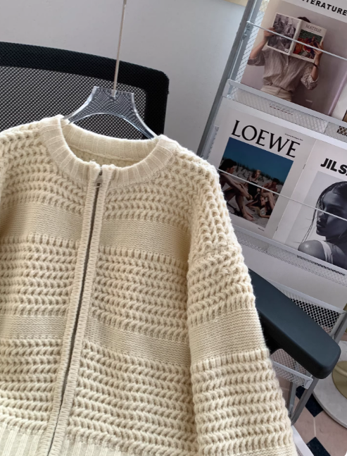 Korean style round neck retro chunky knit sweater, thick zipper cardigan for women EP01449