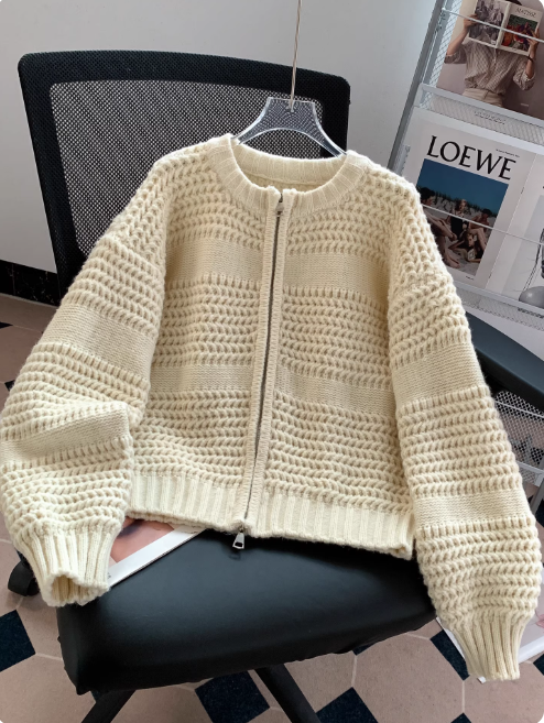 Korean style round neck retro chunky knit sweater, thick zipper cardigan for women EP01449