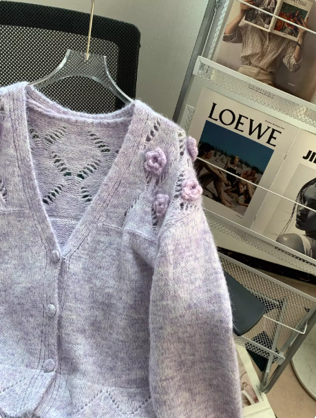 Korean Style V-neck Purple Sweater 3D Floral Soft Knit Cardigan EP01457