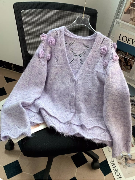 Korean Style V-neck Purple Sweater 3D Floral Soft Knit Cardigan EP01457