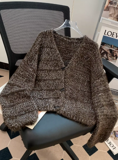 New Purple V-neck Sequined Cardigan Fashion Knit Sweater EP01458