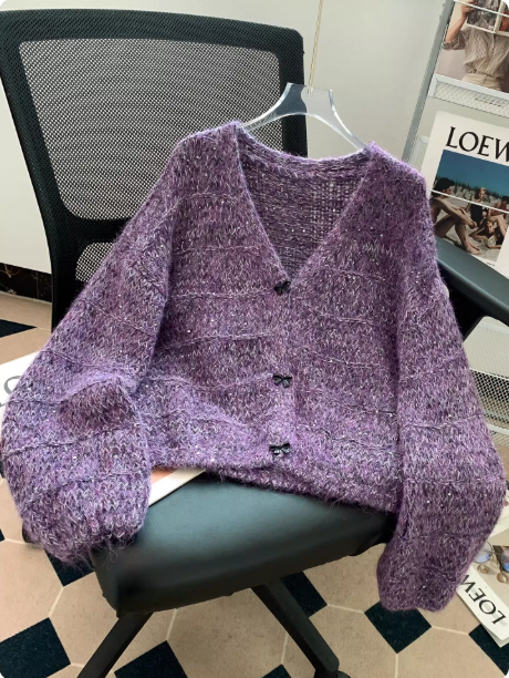 New Purple V-neck Sequined Cardigan Fashion Knit Sweater EP01458