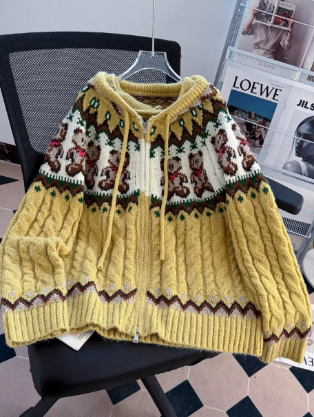 Fair Isle Hooded Zip-up Cardigan Cute Red Christmas Knit Sweater with Bear Design EP01460