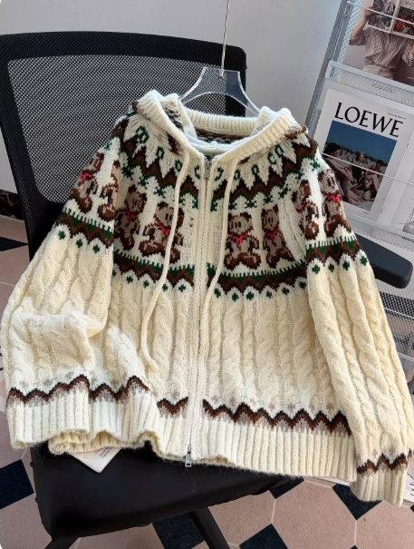 Fair Isle Hooded Zip-up Cardigan Cute Red Christmas Knit Sweater with Bear Design EP01460