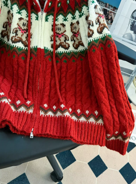 Fair Isle Hooded Zip-up Cardigan Cute Red Christmas Knit Sweater with Bear Design EP01460