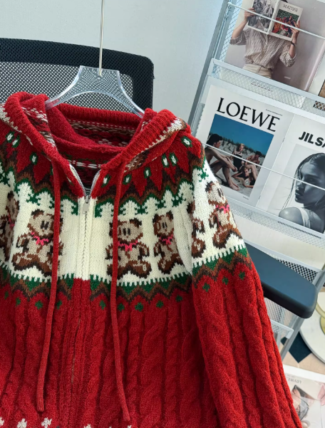 Fair Isle Hooded Zip-up Cardigan Cute Red Christmas Knit Sweater with Bear Design EP01460