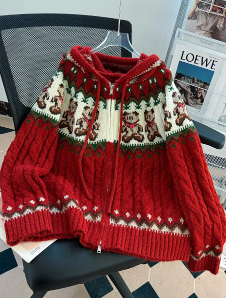 Fair Isle Hooded Zip-up Cardigan Cute Red Christmas Knit Sweater with Bear Design EP01460