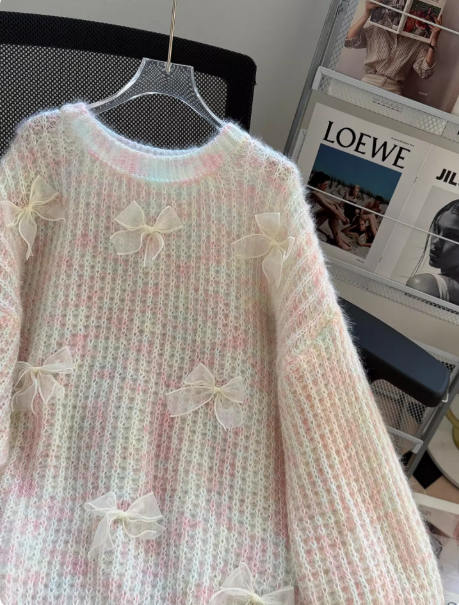 Cute Knit Sweater with Bow - Colorful Crew Neck Sweater EP01461