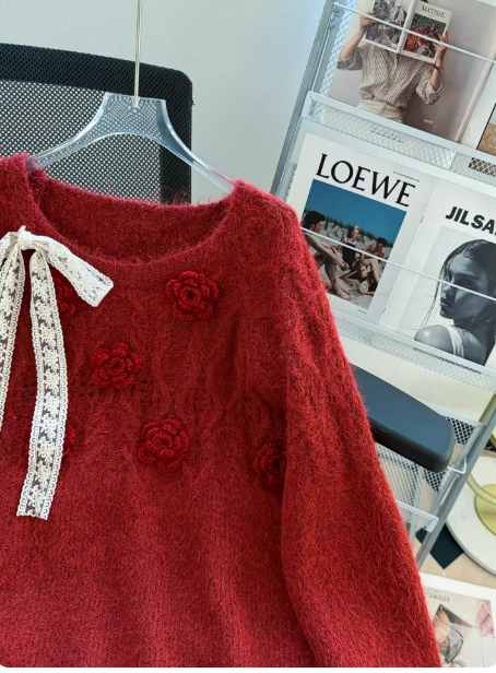 Red Knit Sweater with 3D Floral Lace-up Bow Crew Neck New Year Sweater EP01462