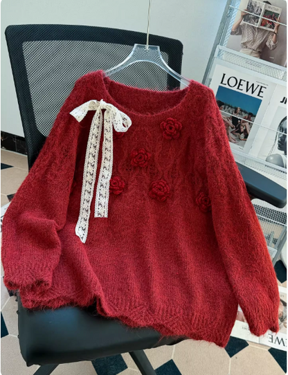 Red Knit Sweater with 3D Floral Lace-up Bow Crew Neck New Year Sweater EP01462