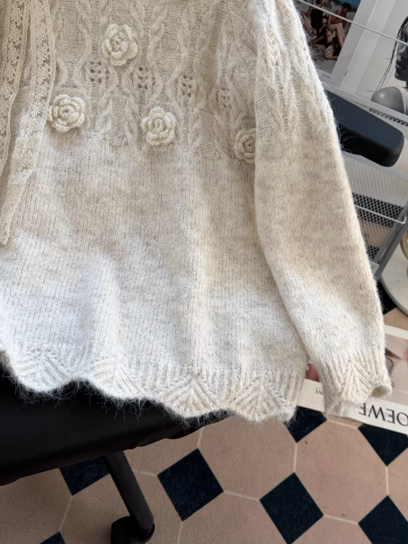 Red Knit Sweater with 3D Floral Lace-up Bow Crew Neck New Year Sweater EP01462