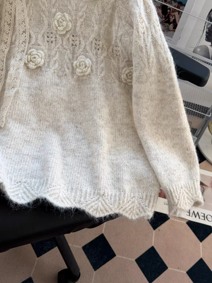 Red Knit Sweater with 3D Floral Lace-up Bow Crew Neck New Year Sweater EP01462