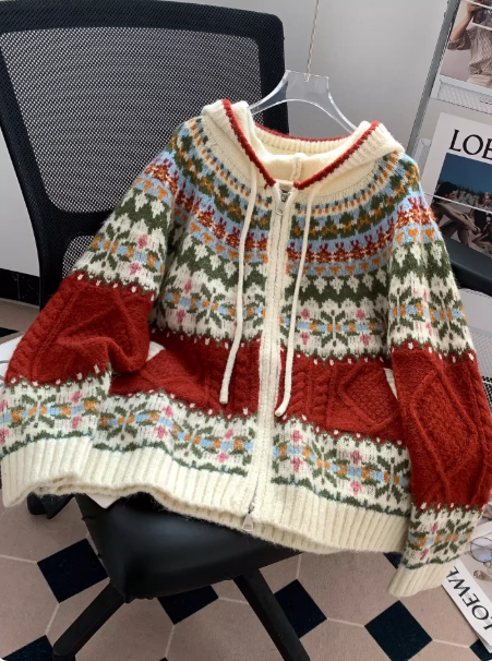 New Blue Sweater Fair Isle Retro Cable Hooded Sweater EP01464