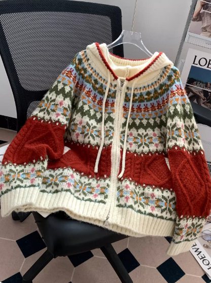 New Blue Sweater Fair Isle Retro Cable Hooded Sweater EP01464