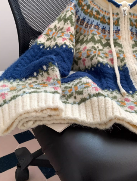 New Blue Sweater Fair Isle Retro Cable Hooded Sweater EP01464