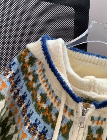 New Blue Sweater Fair Isle Retro Cable Hooded Sweater EP01464