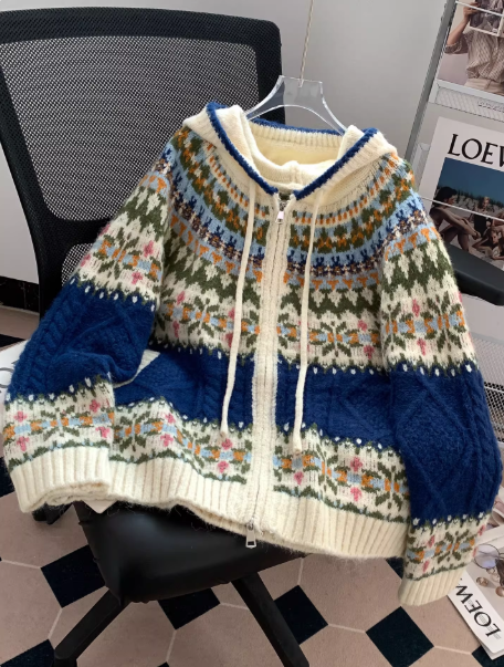 New Blue Sweater Fair Isle Retro Cable Hooded Sweater EP01464