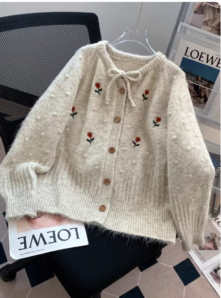 Sweet Embroidered Yellow Cardigan for Women - Korean Style Bow Knit Sweater EP01465