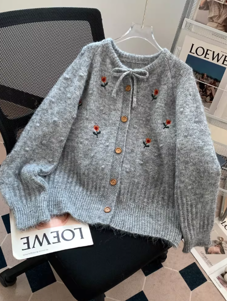 Sweet Embroidered Yellow Cardigan for Women - Korean Style Bow Knit Sweater EP01465