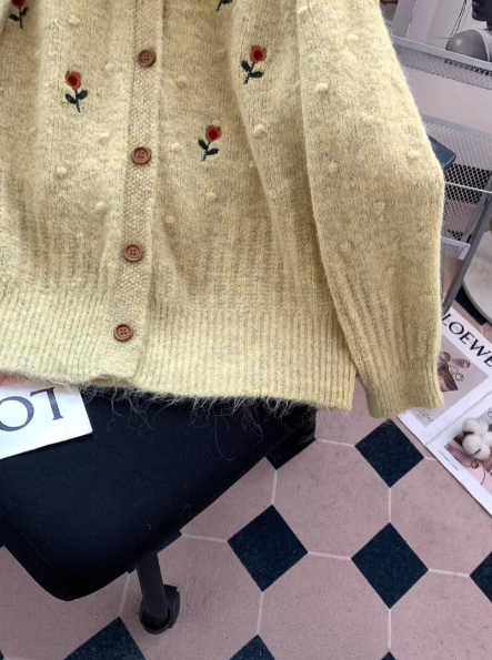 Sweet Embroidered Yellow Cardigan for Women - Korean Style Bow Knit Sweater EP01465