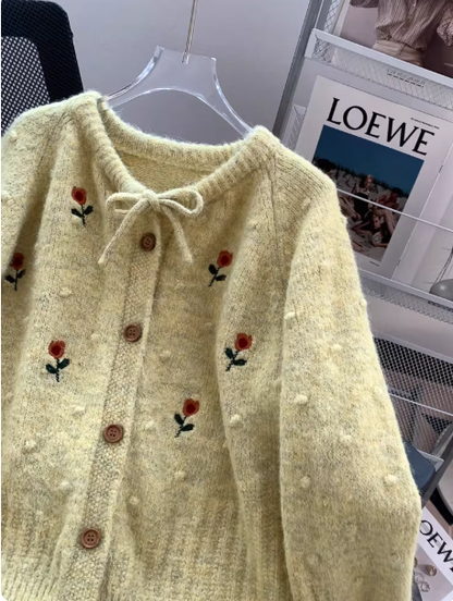 Sweet Embroidered Yellow Cardigan for Women - Korean Style Bow Knit Sweater EP01465
