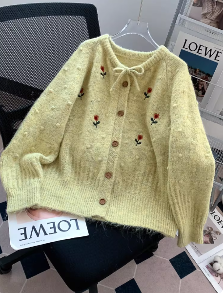 Sweet Embroidered Yellow Cardigan for Women - Korean Style Bow Knit Sweater EP01465