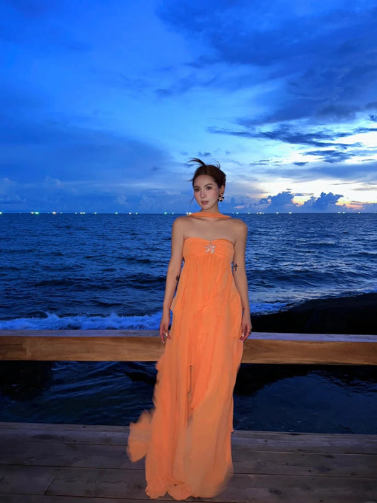 Sexy Strapless Sheath Chiffon Long Party Dresses, Orange Guest Dresses Backless Birthday Dresses EP04015