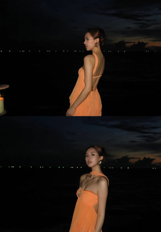 Sexy Strapless Sheath Chiffon Long Party Dresses, Orange Guest Dresses Backless Birthday Dresses EP04015