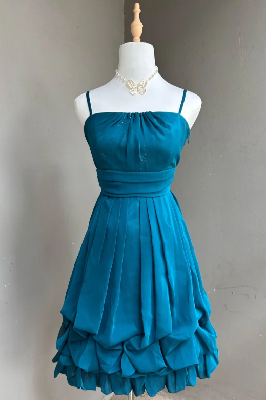 Elegant Spaghetti Strap A-Line Chiffon Short Prom Dresses, Blue Homecoming Dresses EP04044