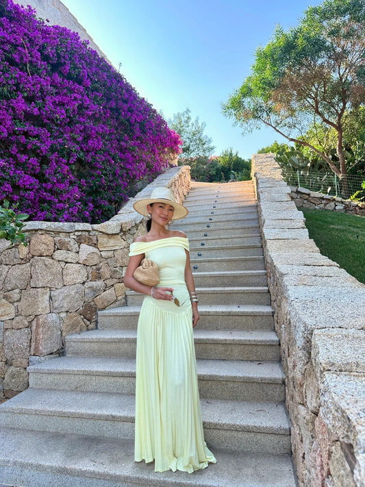 Elegant Off-the-shoulder Sheath Chiffon Long Prom Dresses, Yellow Formal Evening Dresses EP04051