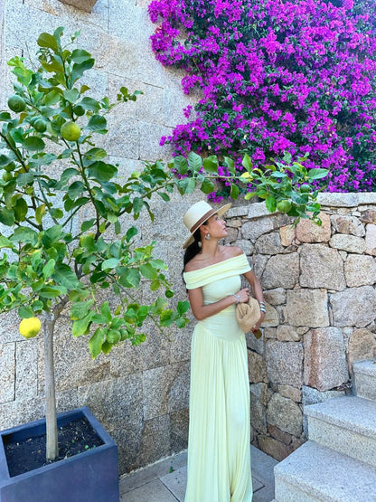Elegant Off-the-shoulder Sheath Chiffon Long Prom Dresses, Yellow Formal Evening Dresses EP04051