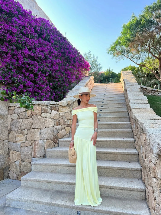Elegant Off-the-shoulder Sheath Chiffon Long Prom Dresses, Yellow Formal Evening Dresses EP04051