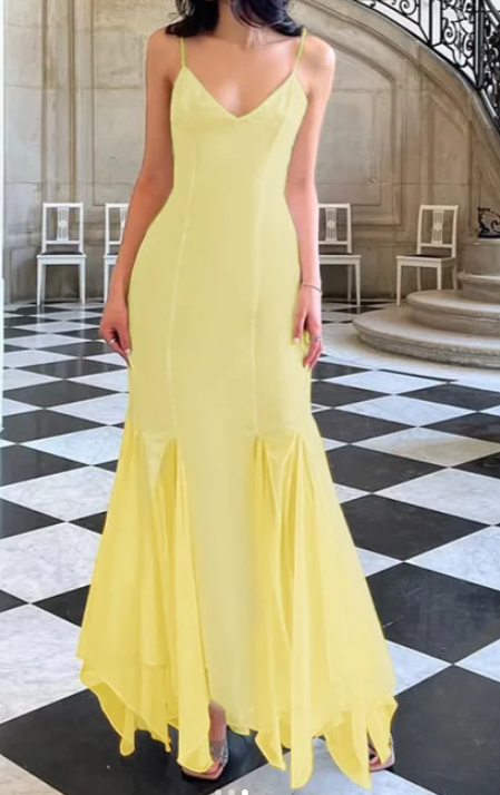 Elegant V neck Mermaid Satin Long Prom Dresses, Yellow Backless Formal Evening Dresses EP04053