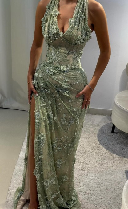 Elegant V-neck Sheath Lace Applique Long Prom Dresses, Green Slit Formal Evening Dresses EP04054