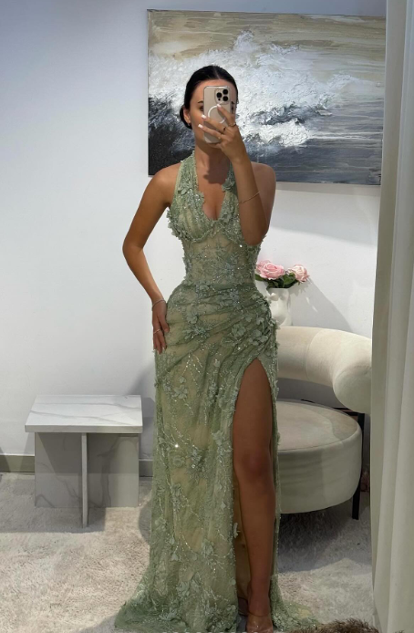 Elegant V-neck Sheath Lace Applique Long Prom Dresses, Green Slit Formal Evening Dresses