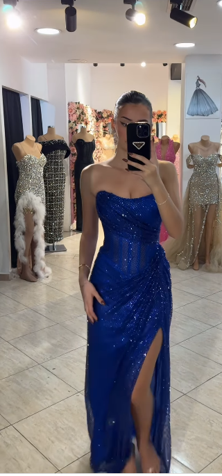 Glam Strapless Sheath Mesh Long Prom Dresses, Royal Blue Formal Evening Dresses EP04057