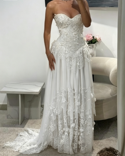 Fairy Strapless Sheath Lace Applique Long Prom Dresses, Yellow Formal Evening Dresses EP04058