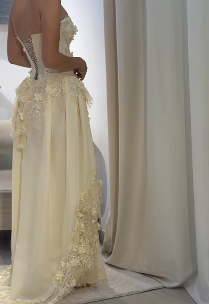 Fairy Strapless Sheath Lace Applique Long Prom Dresses, Yellow Formal Evening Dresses EP04058