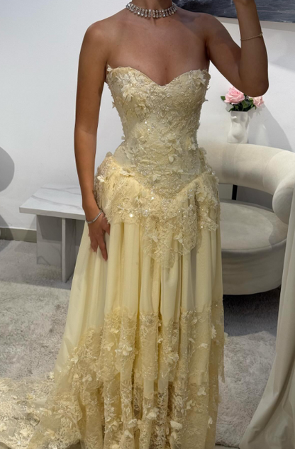 Fairy Strapless Sheath Lace Applique Long Prom Dresses, Yellow Formal Evening Dresses 