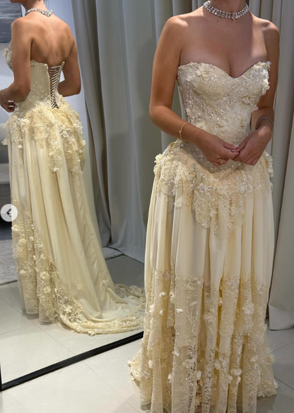 Fairy Strapless Sheath Lace Applique Long Prom Dresses, Yellow Formal Evening Dresses EP04058