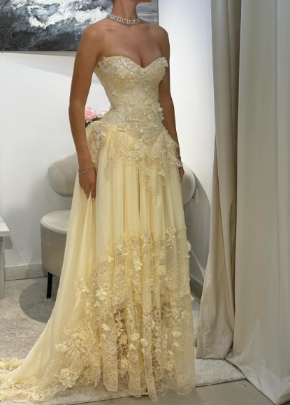 Fairy Strapless Sheath Lace Applique Long Prom Dresses, Yellow Formal Evening Dresses 