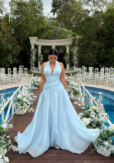 Elegant V-neck Sheath Chiffon Wedding Guest Dresses, Light Blue Formal Evening Dresses EP04059