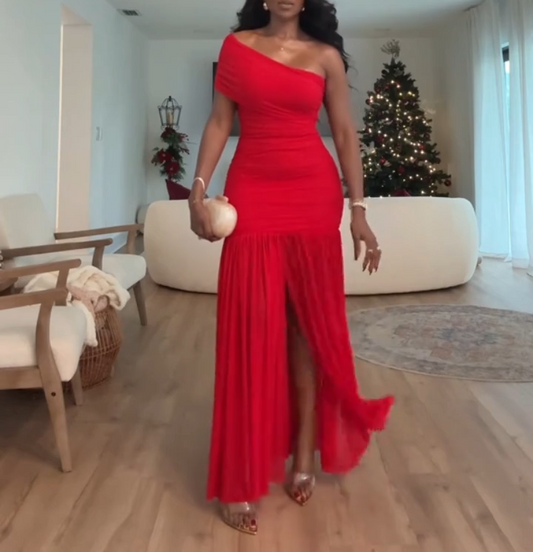 Elegant One Shoulder Sheath Chiffon Long Prom Dresses New Year's Eve Dress, Red Formal Evening Dresses EP04061