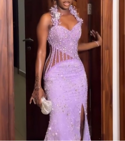 Elegant Halter Mermaid Beaded Satin Long Prom Dresses with Slits, Lilac Formal Evening Dresses EP04062